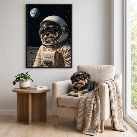 Poster astronauta personalizzato con cane in una stanza; visibili divano marrone, piante e coperta.