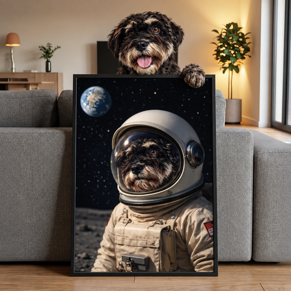 Poster di un cane in tuta da astronauta su sfondo spaziale. Cornice nera.