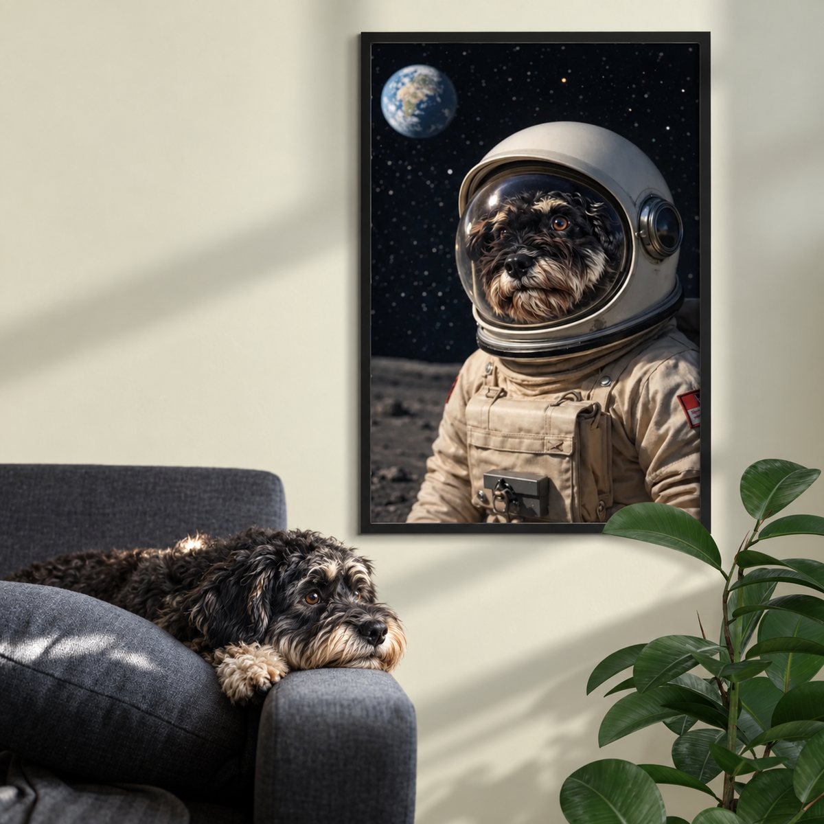 Poster incorniciato di un cane astronauta nello spazio, con la Terra sullo sfondo. Divano con cane.