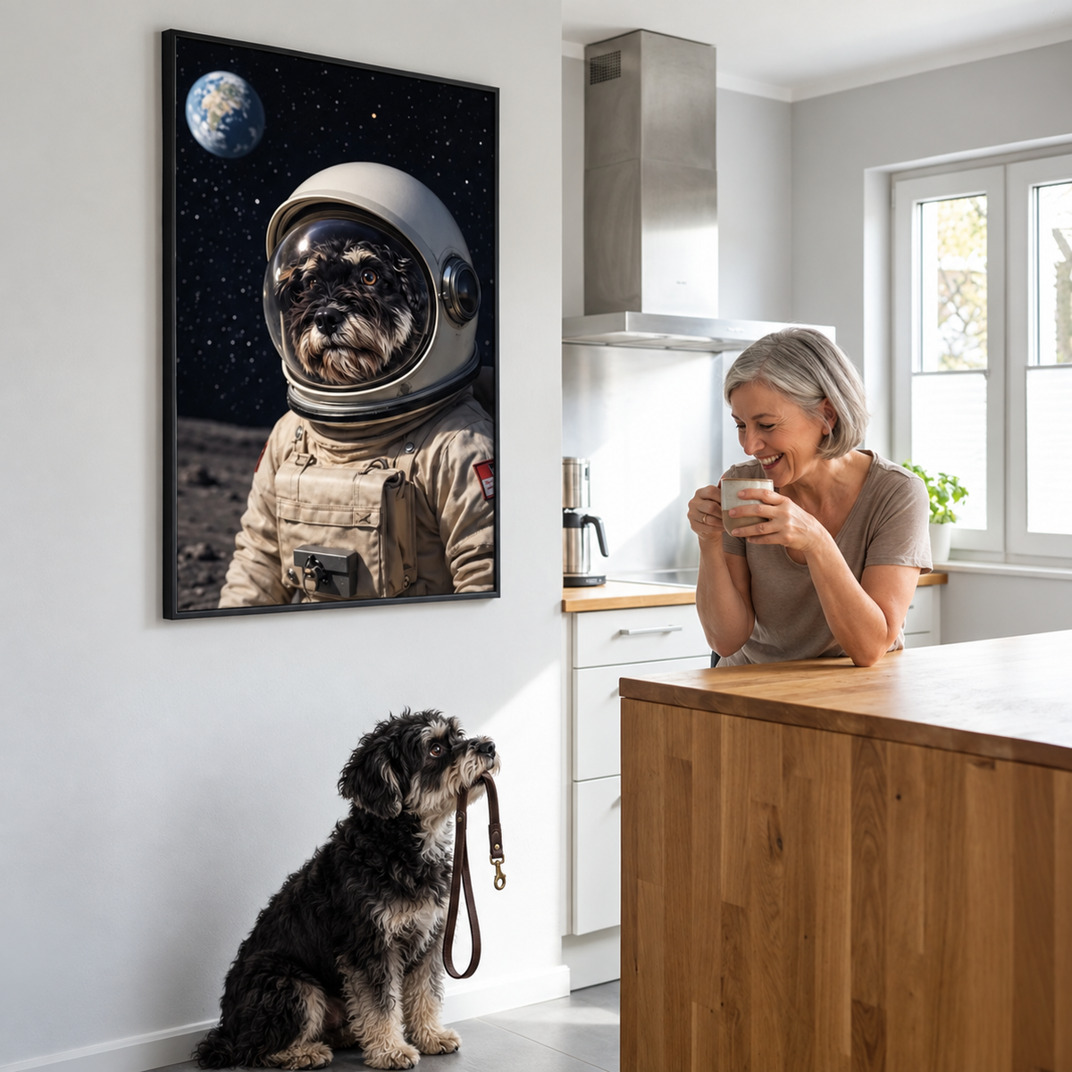 Poster astronauta personalizzato con cane in una stanza, donna con una tazza, cane seduto al guinzaglio.