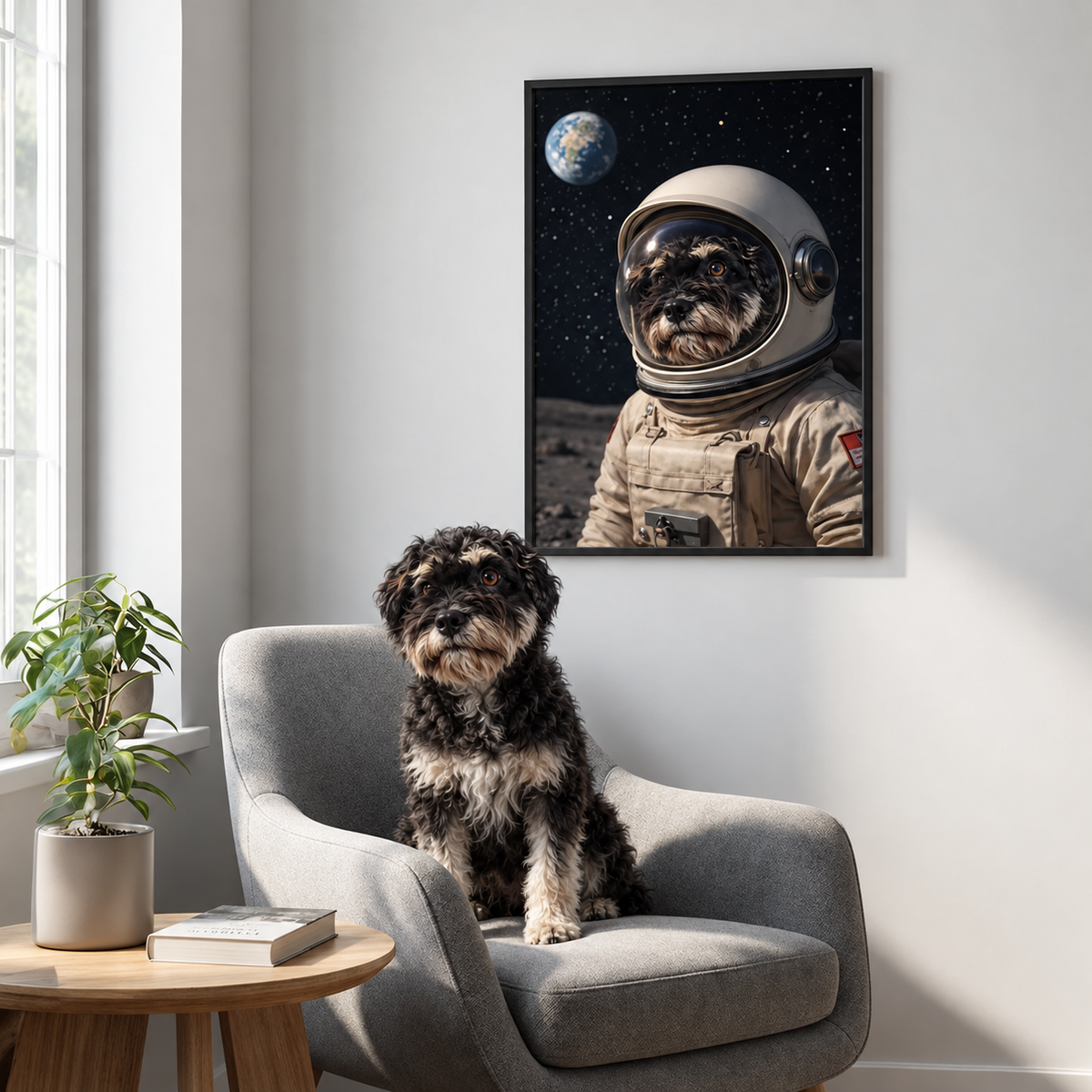 Poster astronauta personalizzato con la foto di un cane in una stanza, visibili poltrona grigia e pianta.
