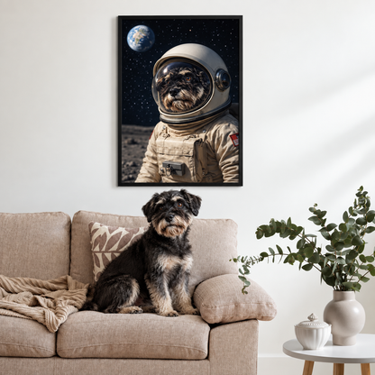 Poster di un cane in tuta da astronauta davanti al pianeta Terra nello spazio, in cornice nera.