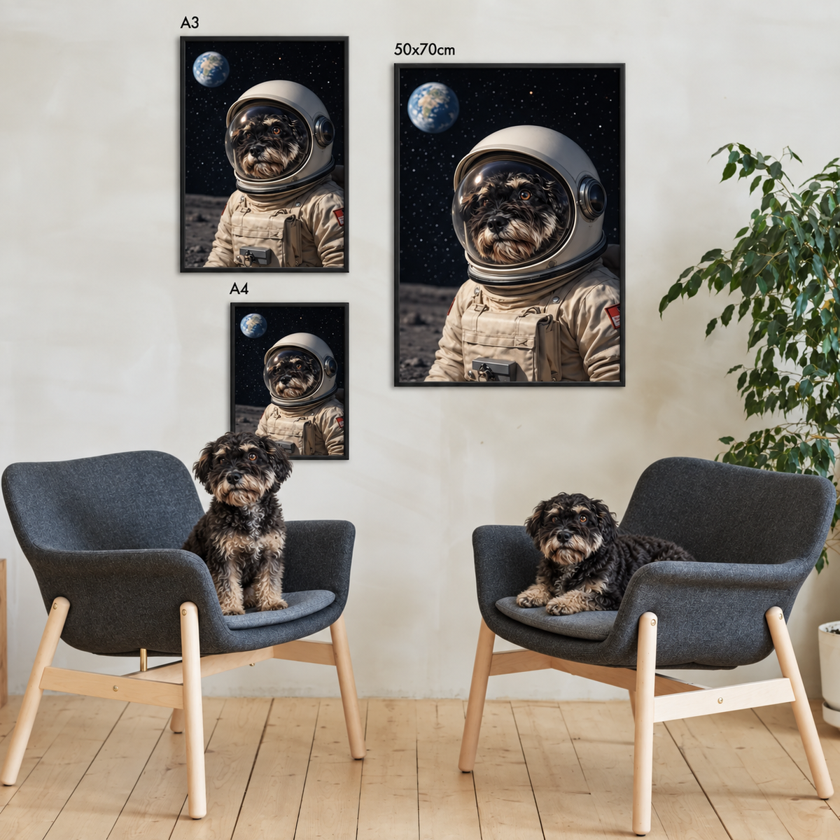 Tre poster incorniciati di un cane in tuta da astronauta davanti alla Terra, di diverse misure, su una parete.