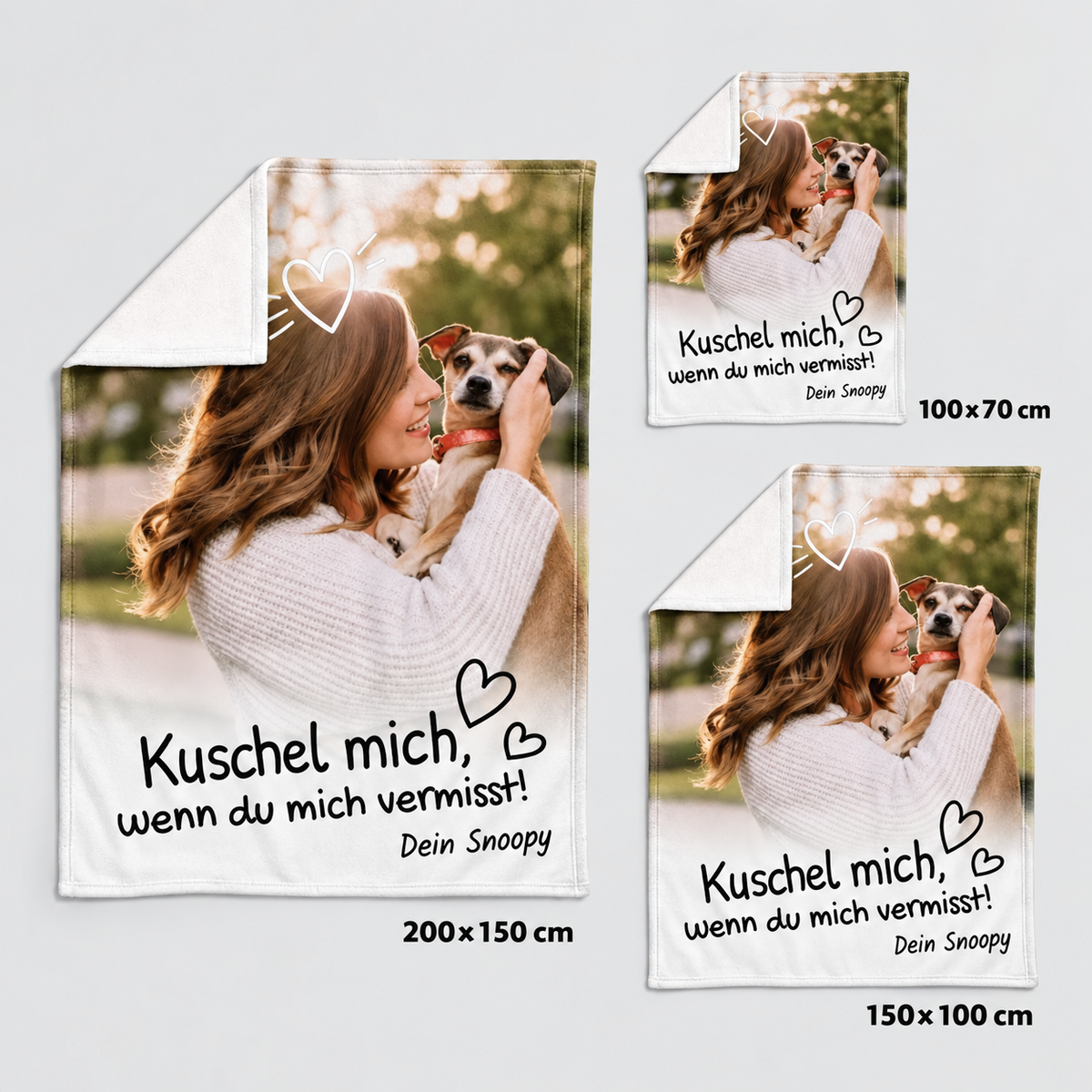 Coperta per animali personalizzata con foto e testo, in tre misure: 200x150 cm, 150x100 cm, 100x70 cm.