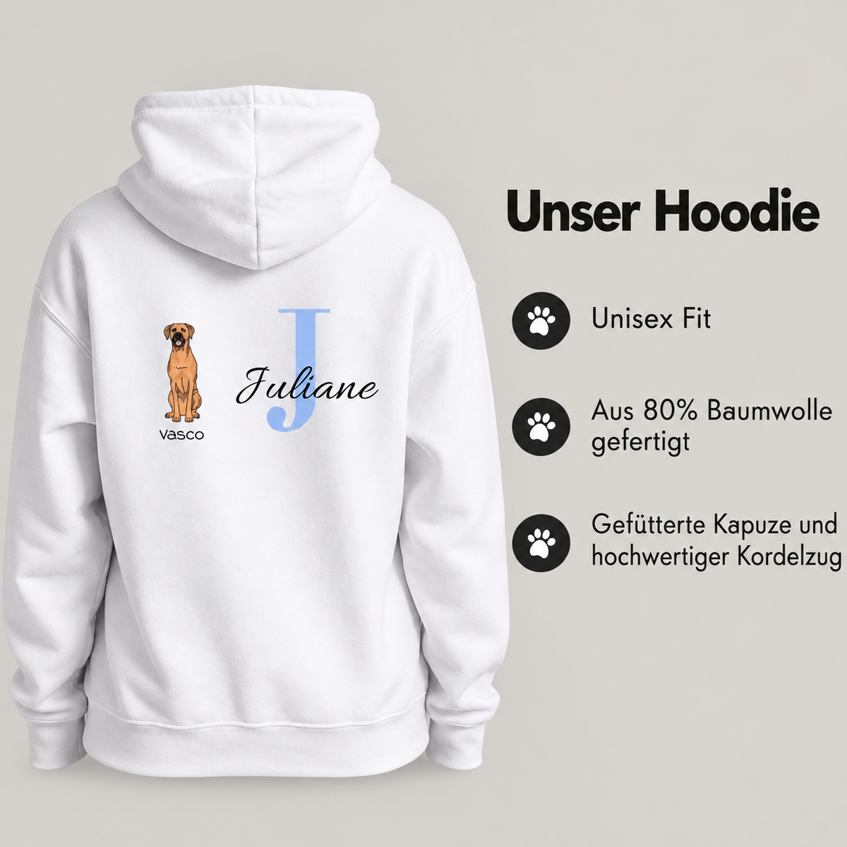 Felpa con cappuccio bianca personalizzata con motivo di cane, iniziale "J" e nome "Juliane", 80% cotone.