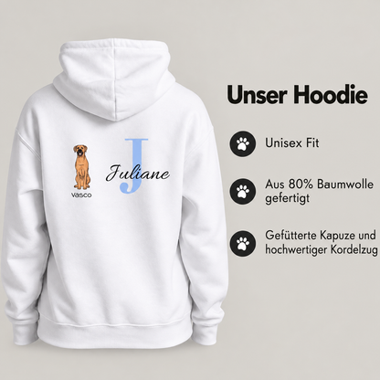 Felpa con cappuccio bianca personalizzata con motivo di cane, iniziale "J" e nome "Juliane", 80% cotone.