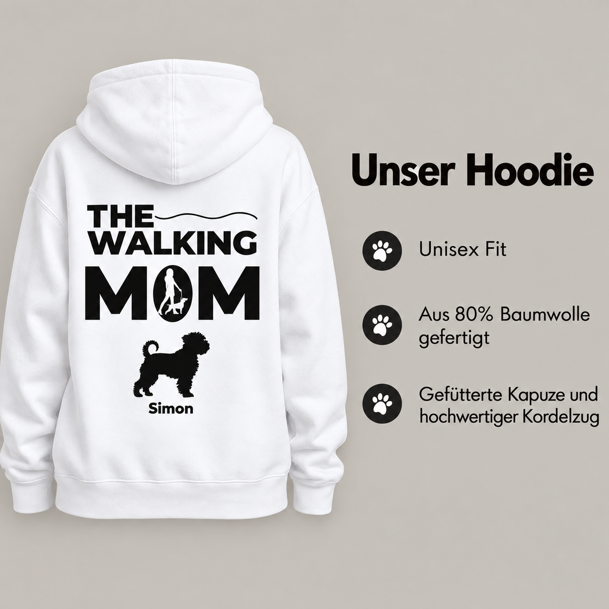 Felpa con cappuccio bianca con la scritta "THE WALKING MOM" e una silhouette di cane. Design unisex.