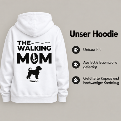 Felpa con cappuccio bianca con la scritta "THE WALKING MOM" e una silhouette di cane. Design unisex.