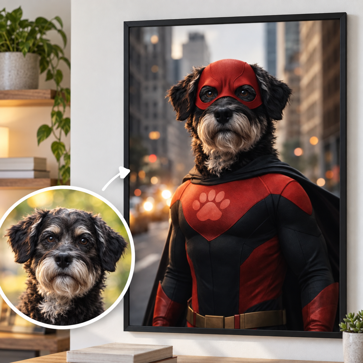 Poster personalizzato di un cane in costume da supereroe con tuta rossa e mantello nero.