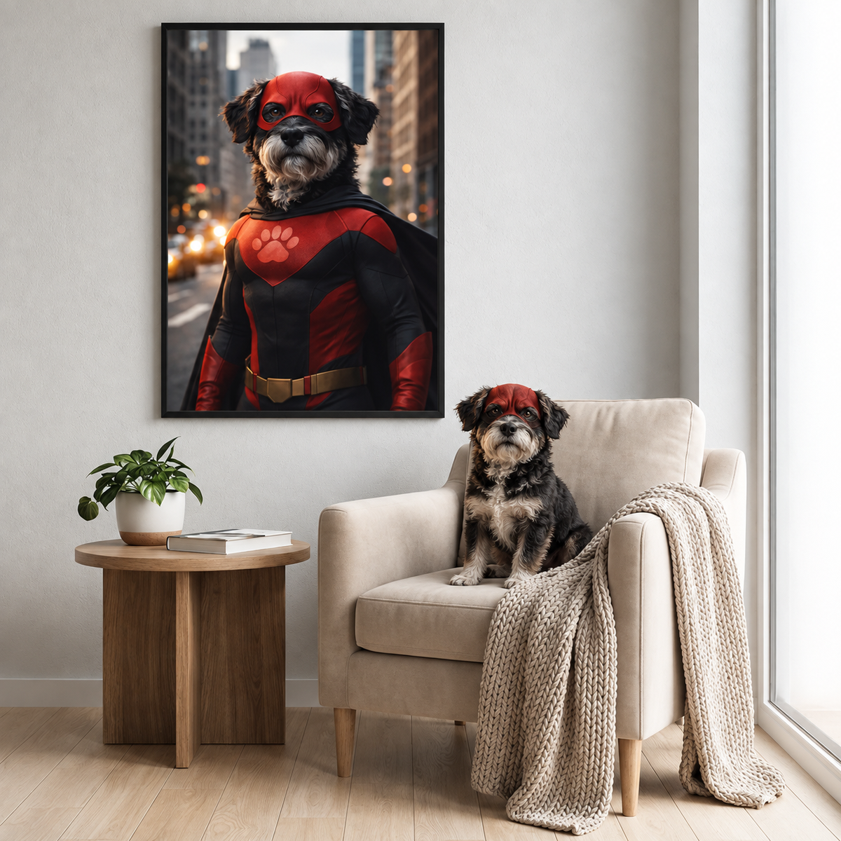 Un poster personalizzato di un cane in costume da supereroe rosso e nero sulla parete. Cane seduto in poltrona.