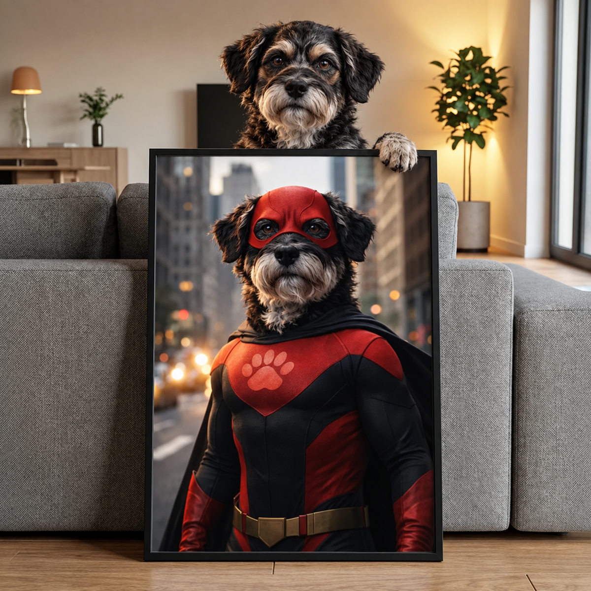 Un cane in costume da supereroe con mantello rosso e maschera, l'immagine in una cornice.