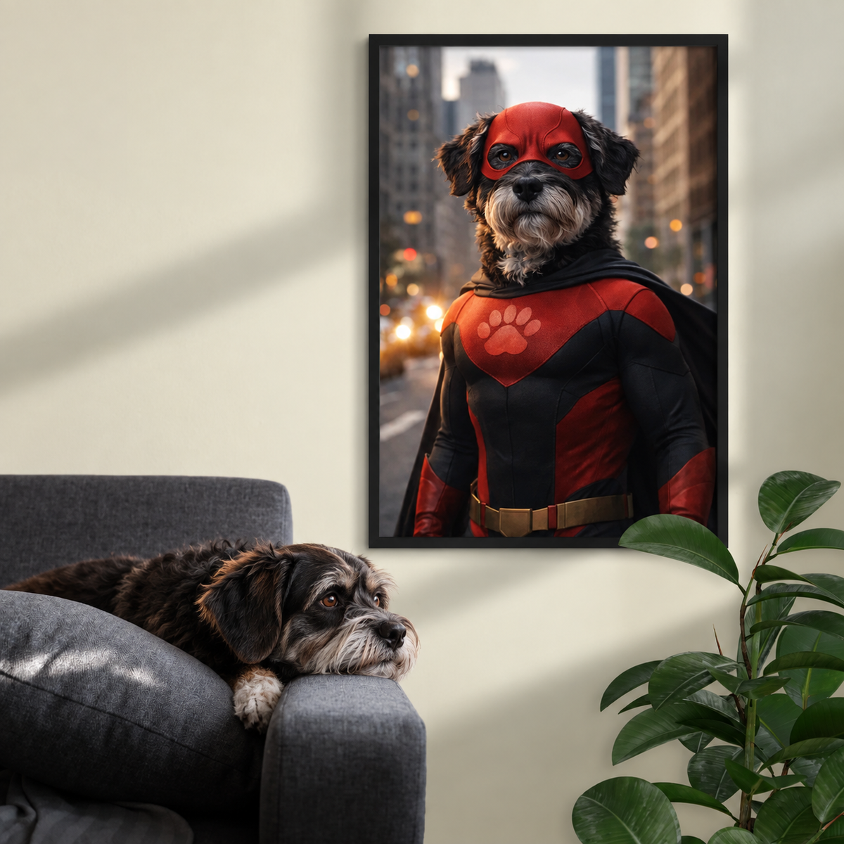 Poster di un cane in tuta da supereroe rossa e nera con maschera, decorativo alla parete. Divano e pianta nell'immagine.