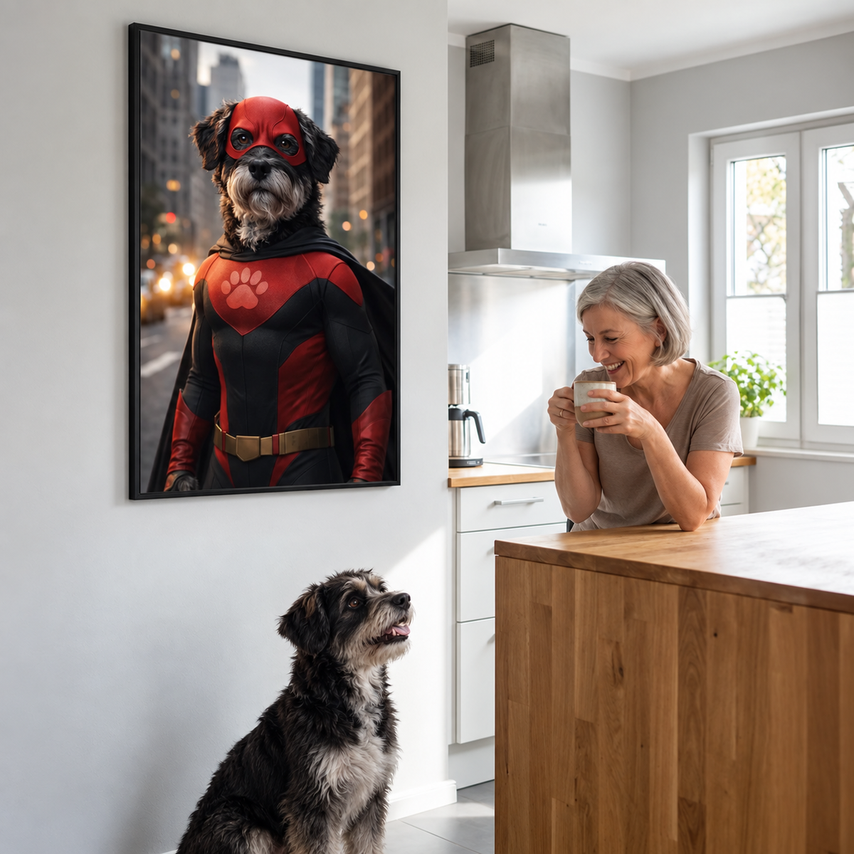 Poster da parete personalizzato di un cane in tuta da supereroe in cucina. Tavolo in legno e donna sorridente con una bevanda.
