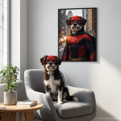 Ritratto di cane in soggiorno, cane con maschera e mantello rossi, poster da supereroe personalizzato alla parete.