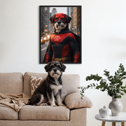 Cane su un divano, poster personalizzato di un cane come supereroe alla parete.