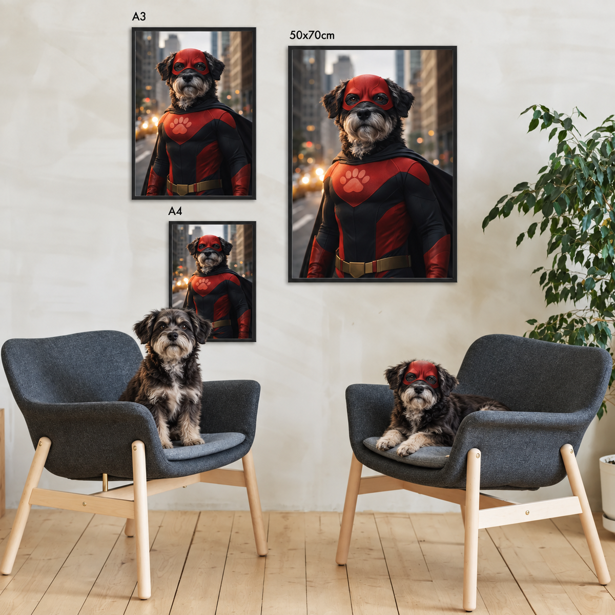 Poster personalizzato di un cane come supereroe in costume rosso, incorniciato in tre misure alla parete.