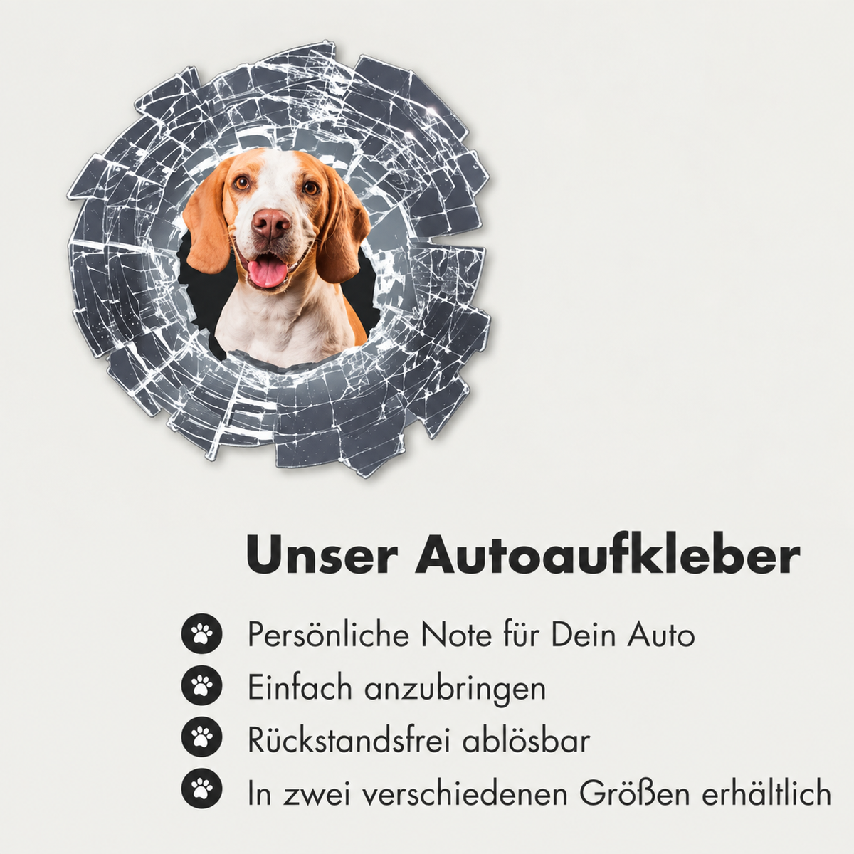 Adesivo per auto personalizzato con foto di cane a forma di vetro in frantumi.