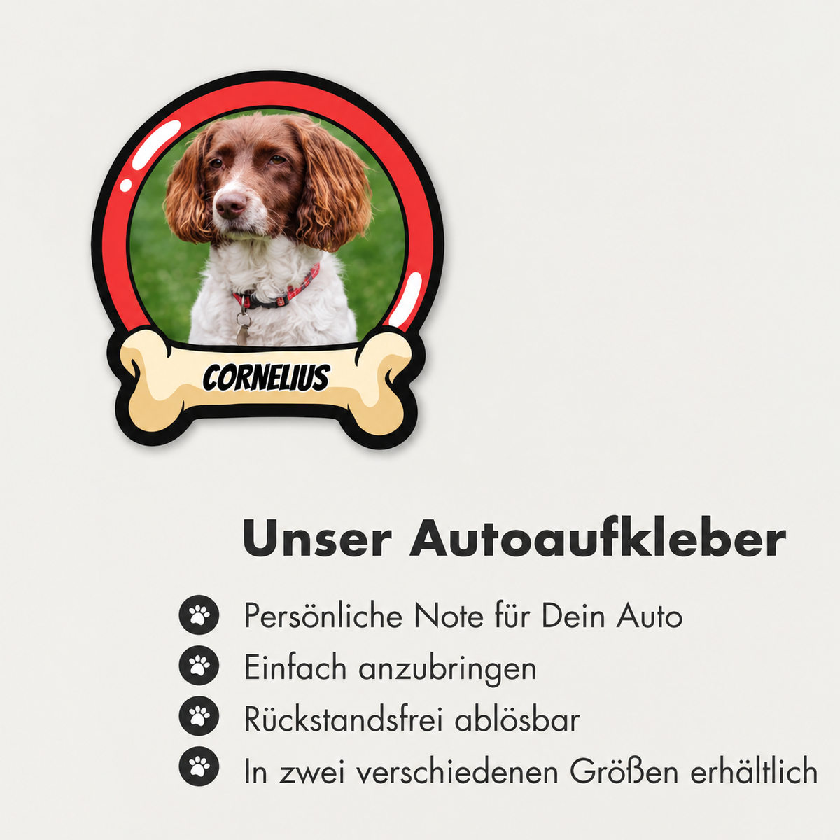Adesivo per auto personalizzato a forma di cane con cornice rossa e il nome "CORNELIUS".