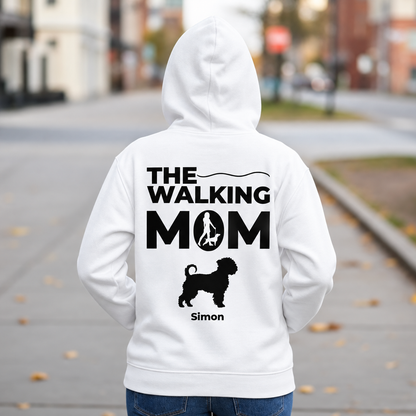 Felpa con cappuccio bianca con stampa sul retro "THE WALKING MOM" e silhouette di cane, personalizzata con il nome Simon