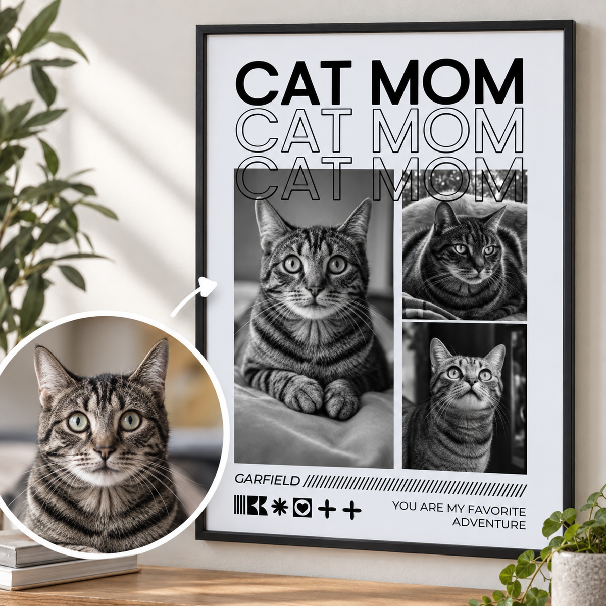 Poster personalizzato con il testo "Cat Mom" e foto in bianco e nero di un gatto tigrato.