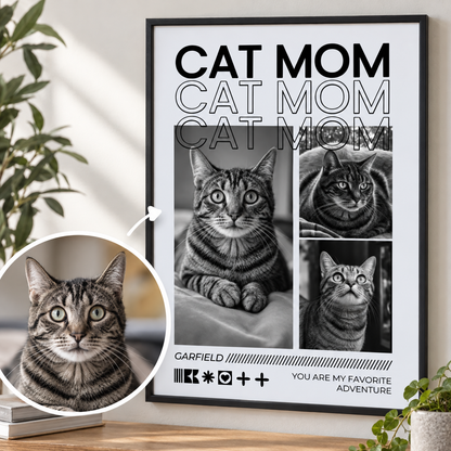 Poster personalizzato con il testo "Cat Mom" e foto in bianco e nero di un gatto tigrato.