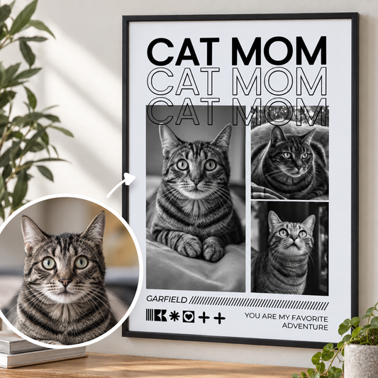 Poster personalizzato con il testo "Cat Mom" e foto in bianco e nero di un gatto tigrato.