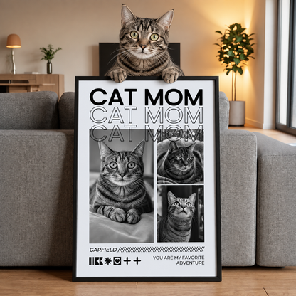 Poster personalizzato con il testo "Cat Mom" e foto di un gatto in un ambiente moderno.