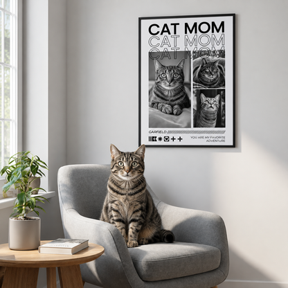Poster personalizzato con il testo "Cat Mom" e foto di un gatto, in una cornice moderna.