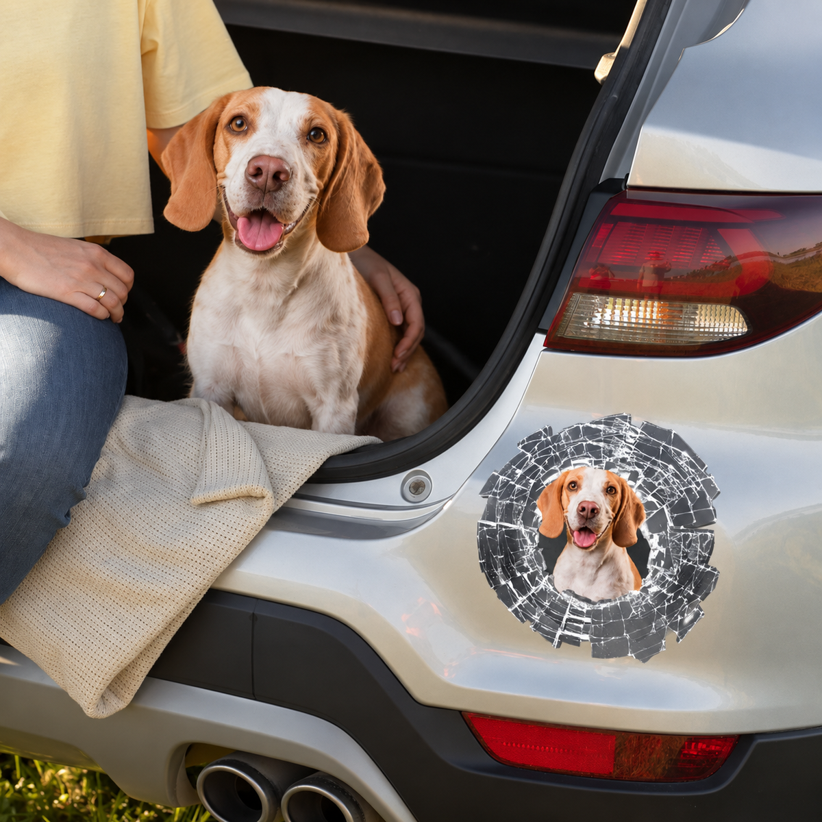 Adesivo per auto personalizzato con foto di un beagle su un veicolo grigio, effetto vetro rotto.