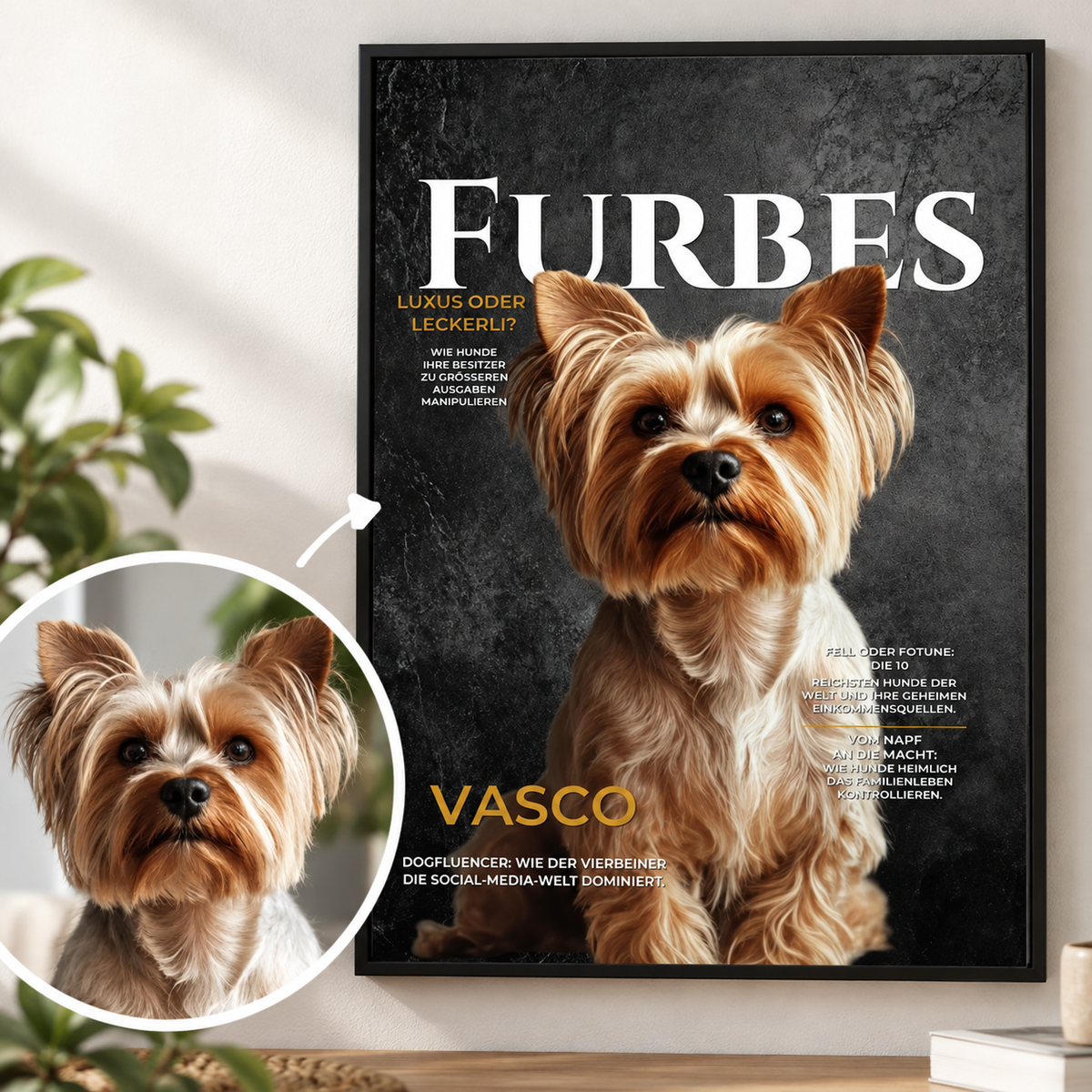 Poster personalizzabile con un cane, sfondo nero e scritta dorata "FURBES".