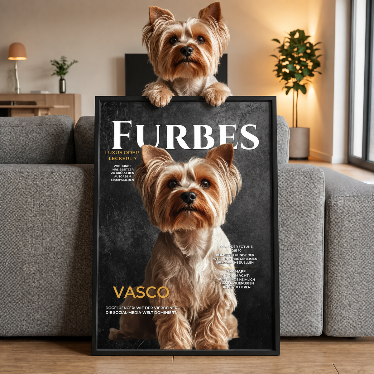 Poster personalizzato di un cane in copertina di rivista in un soggiorno. Cornice nera.