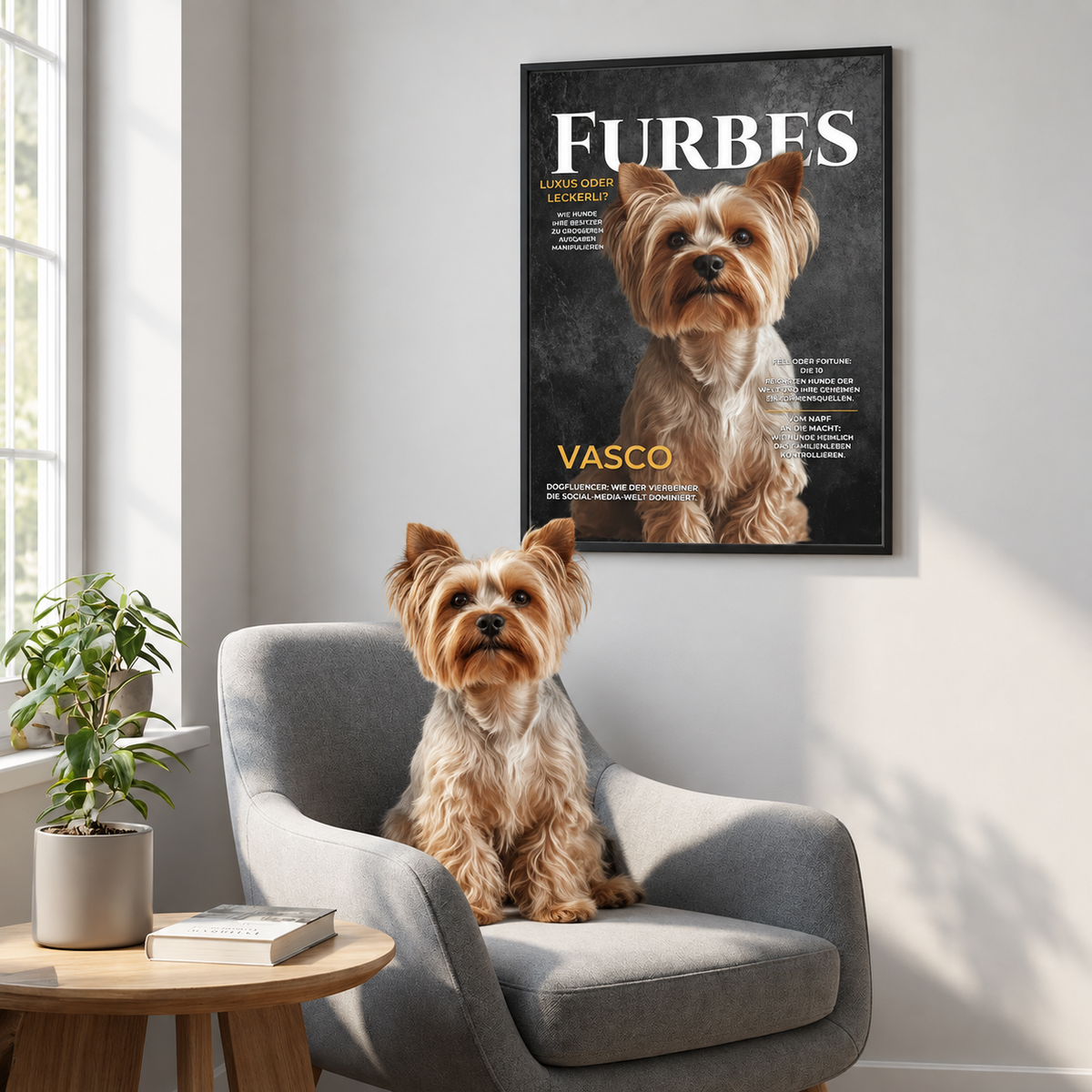 Un cane su una poltrona grigia davanti a un poster personalizzato con il nome "Vasco".