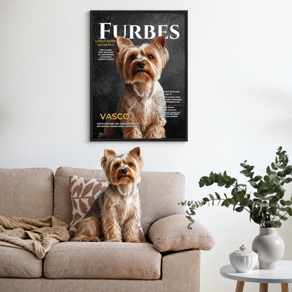 Poster personalizzato incorniciato con motivo di cane alla parete, cane seduto sul divano.