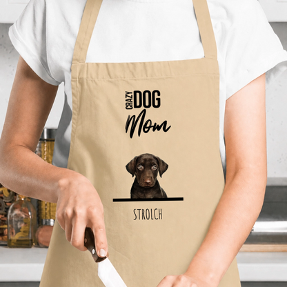 Grembiule beige personalizzato con il testo "Crazy Dog Mom" e la foto di un cane.