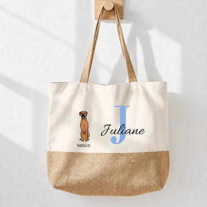 Borsa shopping personalizzata in tela con la lettera J, il nome Juliane e un motivo di cane in beige e marrone.
