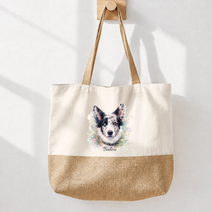 Borsa shopping in cotone con fondo effetto iuta e motivo di cane ad acquerello, personalizzata con il nome Balou.