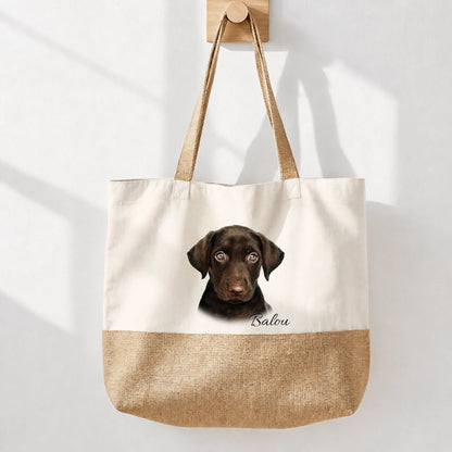 Borsa shopping personalizzata in cotone con fondo effetto iuta, stampata con il ritratto di un cane.