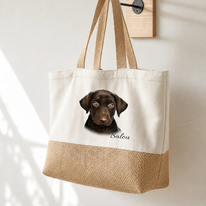 Borsa shopping beige con ritratto di cane marrone e nome personalizzato Balou.