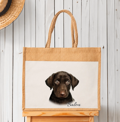 Borsa shopping personalizzata in iuta con ritratto di cane e il nome “Balou”.