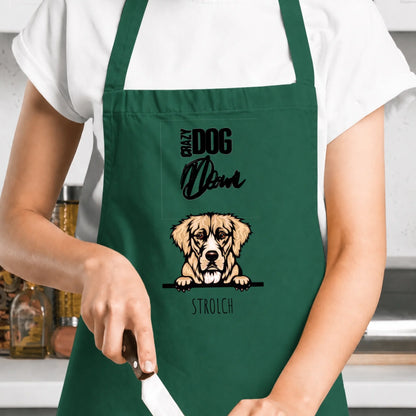Grembiule verde personalizzato con motivo di cane e scritta per genitori di animali.