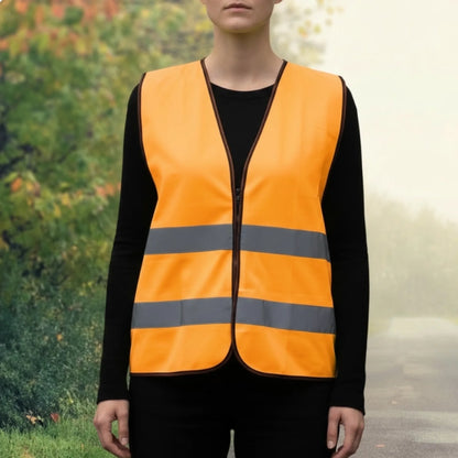 Gilet ad alta visibilità personalizzato arancione brillante con strisce riflettenti grigie.