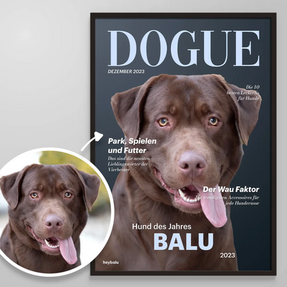 Poster personalizzabile per cane con un labrador sorridente, design moderno e grande scritta "DOGUE".