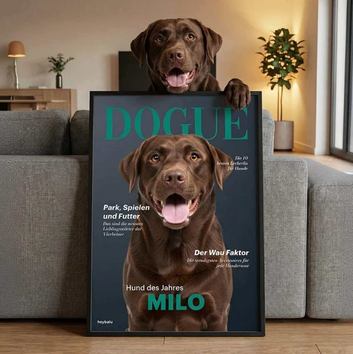 Poster personalizzato con un labrador cioccolato, in un soggiorno con divano grigio e lampada in legno.
