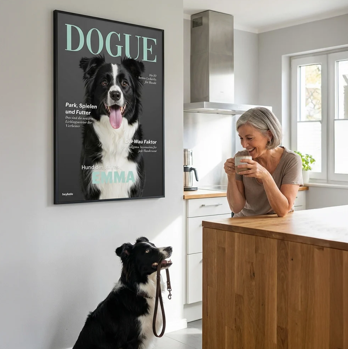 Poster personalizzato con cane in copertina di rivista, cornice nera, cucina moderna sullo sfondo.