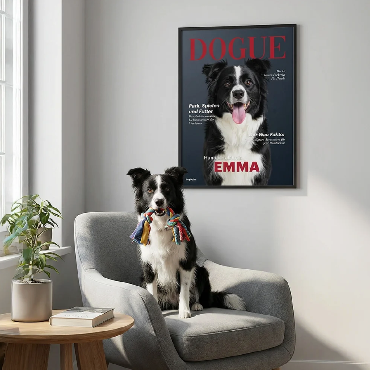 Poster personalizzabile con foto di cane, cane seduto su una poltrona, pianta verde sullo sfondo.
