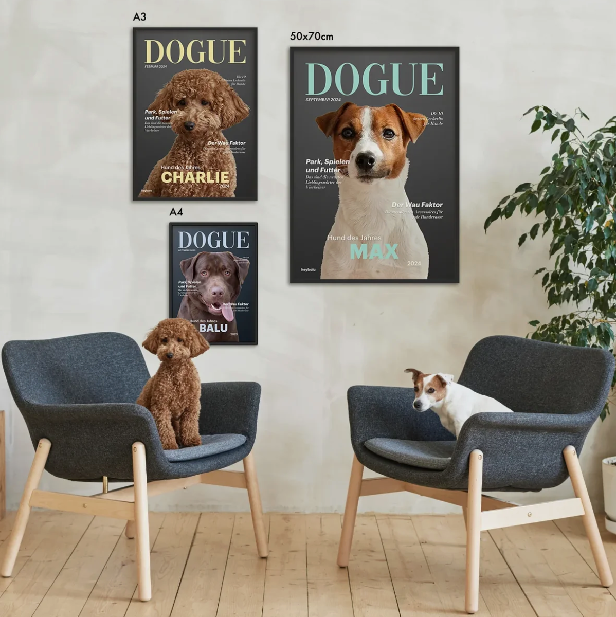 Tre poster personalizzati di cani in formati e cornici diversi su una parete, due cani seduti in poltrona.