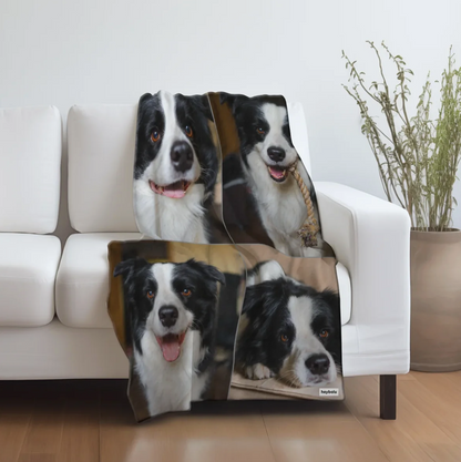 Coperta personalizzata con foto di un cane, drappeggiata su un divano.