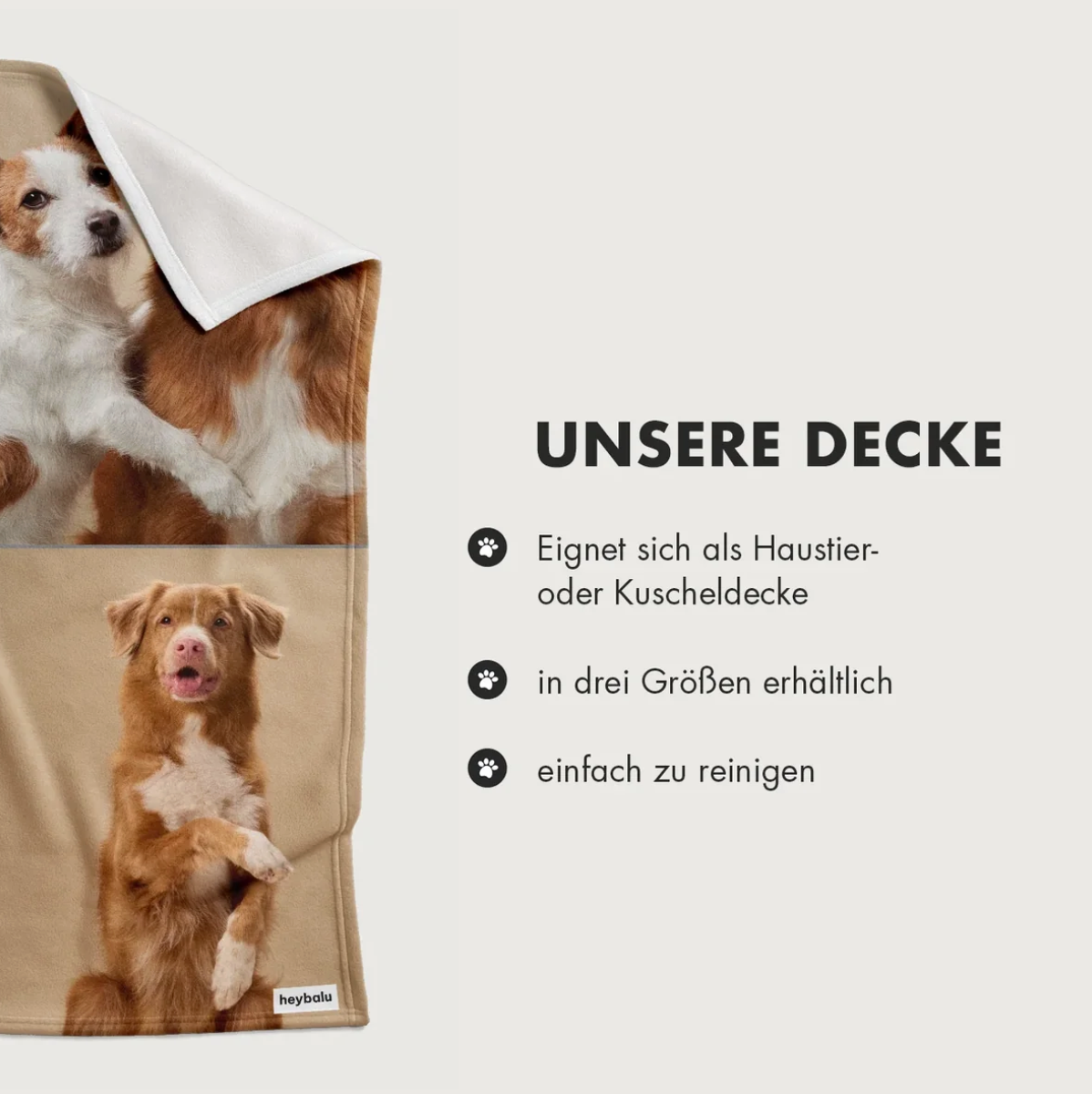 Coperta personalizzata con foto di cani, materiale morbido in toni beige e marrone.