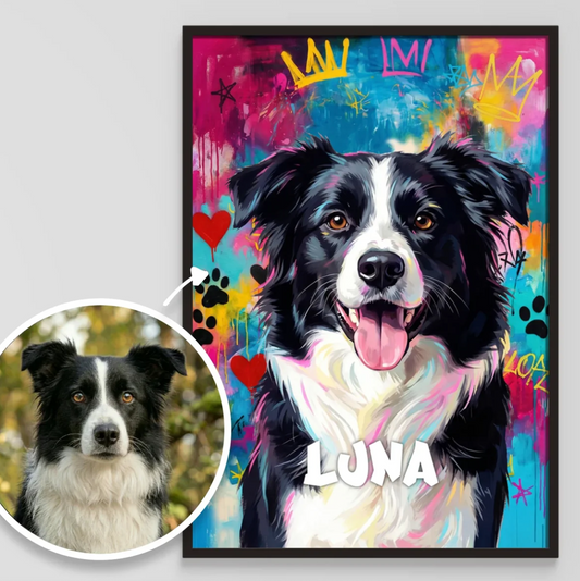 Poster graffiti personalizzato di un cane con sfondo colorato e il nome "LUNA".