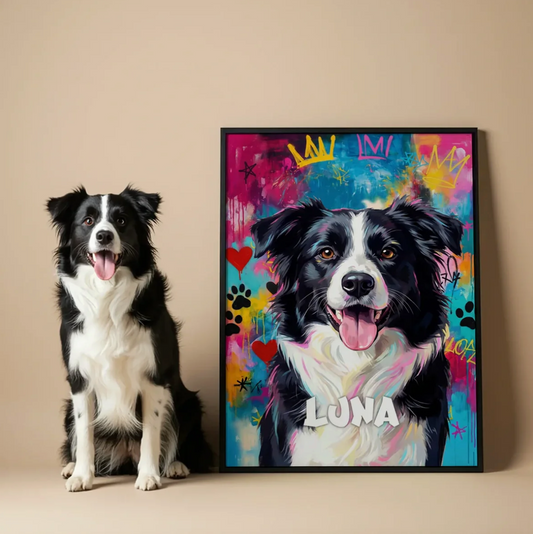 Poster graffiti personalizzato di un cane con sfondo colorato e dettagli vivaci.